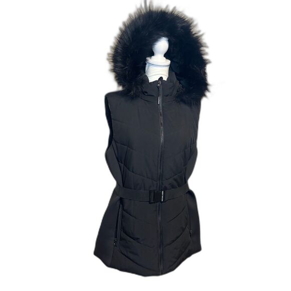 Michael Kors Black Belted Faux Fur Hooded Zip Vest Womens - Picture 2 of 8